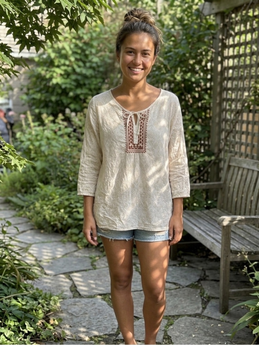 Eddie Bauer Boho Embroidered Cotton Gauze Tunic Top Lightweight Cottagecore Tie